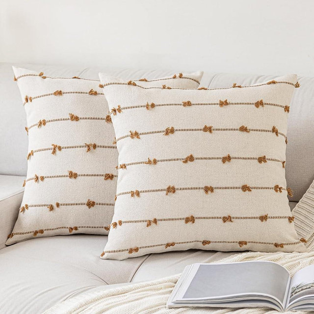 YEENAASY Boho Throw Pillow Covers 18x18 Set of 2 Modern Farmhouse Decorative Cushion Case Tufted Square Pillows Cover Neutral Pillow Cases Accent Pillowcase for Sofa,Couch,Bed,Beige and Brown