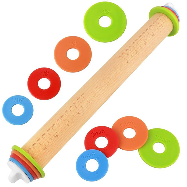 Wood Rolling Pin with Thickness Rings, Adjustable Wooden Rolling Pins for Baking, Dough Roller Pins for Cookie Pastry Tools Cake Baker, Fondant Roller for Decorating Bakery Supplies Kitchen Gadgets