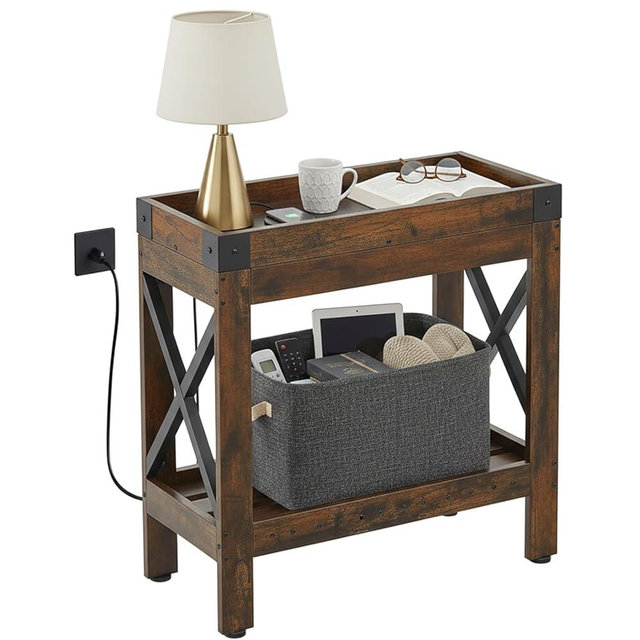 ZEXVIDA Narrow End Table with Charging Station, Rustic Brown Side Table with 2 USB Ports & Power Outlets, Slim Industrial Nightstand for Small Spaces, Living Room Sofa & Bedroom