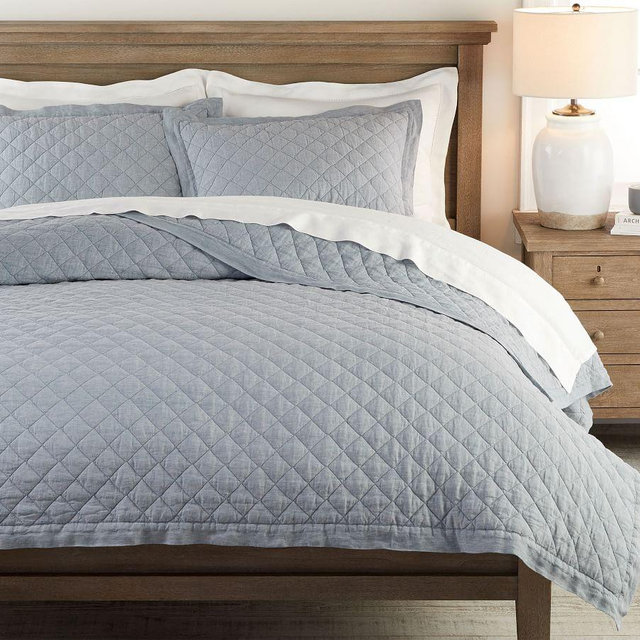 Belgian Flax Linen Diamond Quilt, King/Cal King, Chambray/Flax