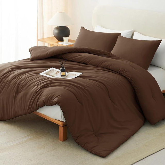 CozyLux Oversized Queen Comforter Set Brown, 3 Pieces 98"x98" Lightweight Down Alternative Quilted Bedding Sets, All Season Soft Breathable Solid Comforter with 2 Pillowcases, Bed Set Gift for Home