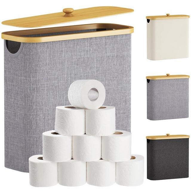 Lifewit 30L Toilet Paper Storage, Bamboo Toilet Paper Roll Basket Organizer Holder Stand with Lid, Bathroom Organizer Cabinet Essentials with Handle, Gray