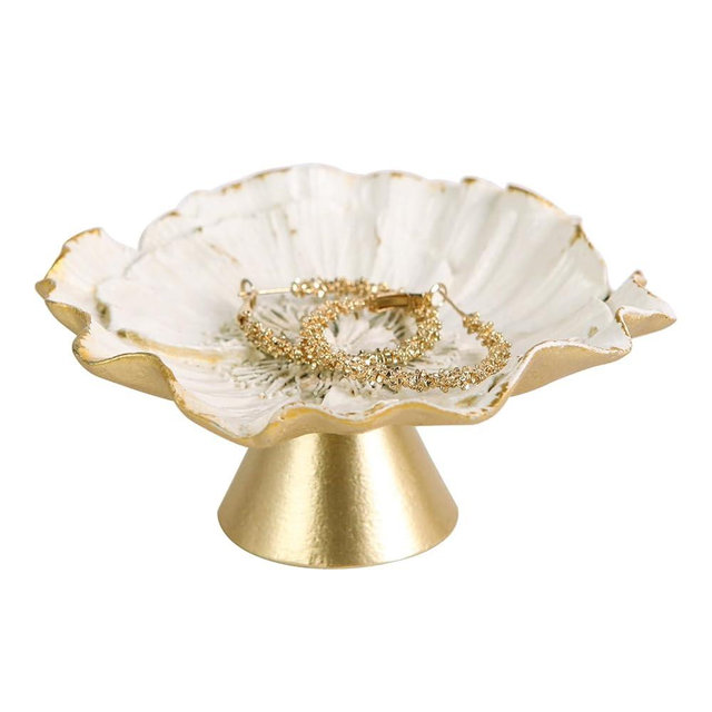 NIKKY HOME Vintage Ring Holder Jewelry Dish, Flower Shaped Trinket Display Decorative Metal Tray Classy Birthday Christmas Gifts for Women Girls, White