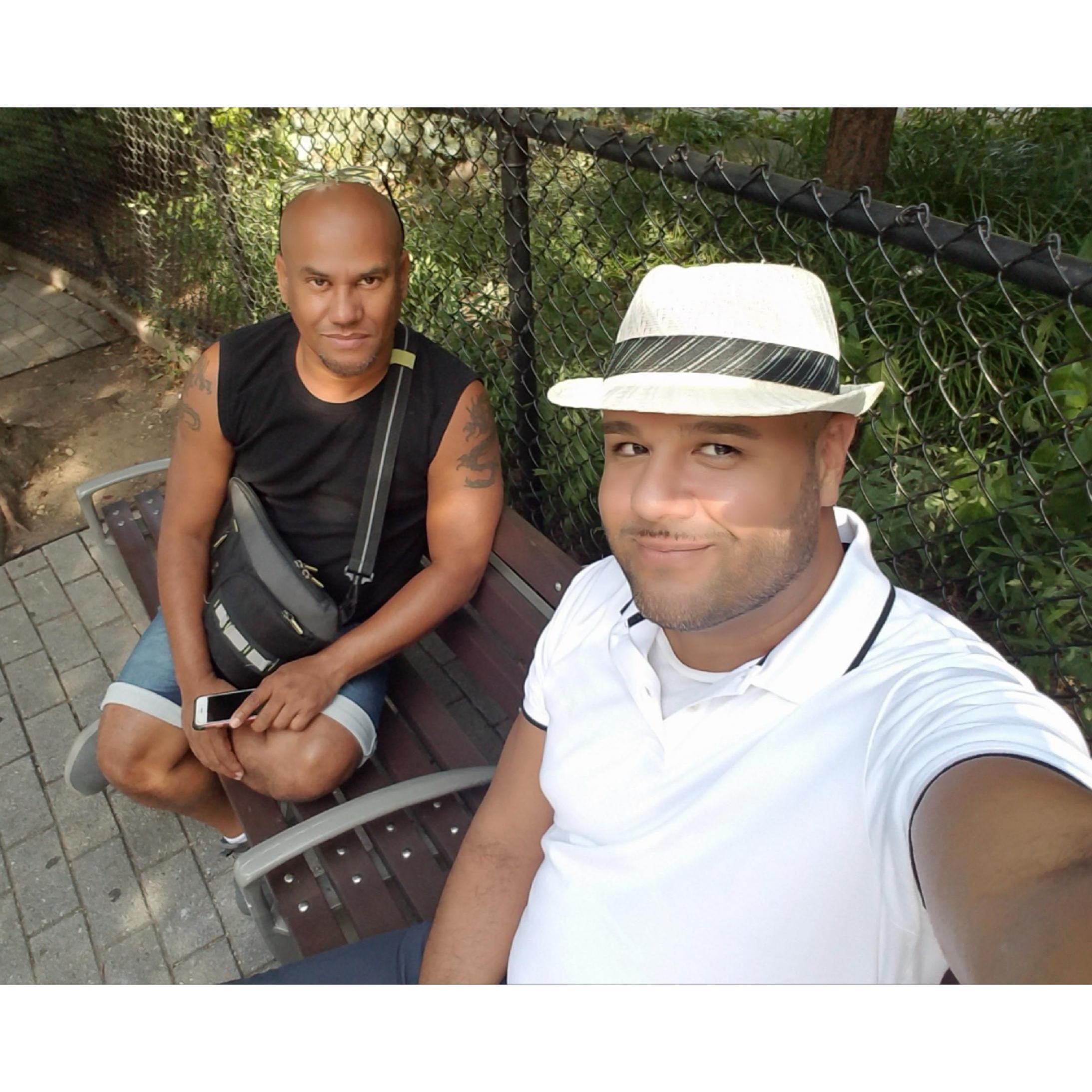 Sitting on a park bench before tearing into some ribs