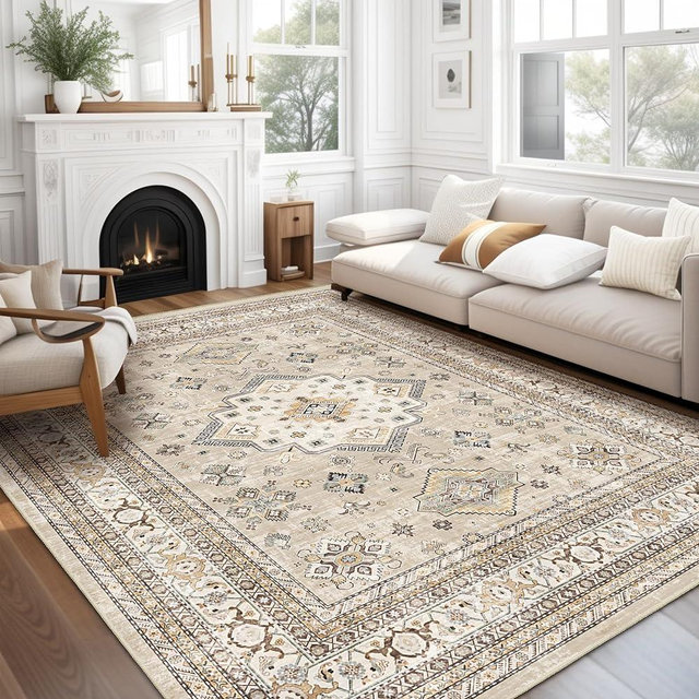Vintage Living Room Area Rug 8x10 - Large Soft Washable Oriental Traditional Distressed Farmhouse Rugs for Bedroom - Indoor Floor Accent Carpet for Home Office House Decor - Beige