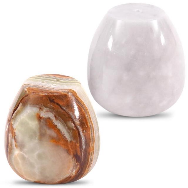 Earthen Crafts Marble Salt and Peper Egg Shape Set of 2 Green Onyx & White 2.3" Salt & Pepper Container - Spice Dispenser for Kitchen & Home Storage
