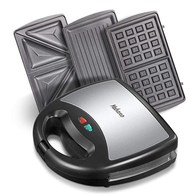 Yabano Sandwich Maker, Waffle Maker, Sandwich Grill, 800-Watts, 3-in-1 Detachable Non-stick Coating, LED Indicator Lights, Cool Touch Handle, Anti-Skid Feet, Black