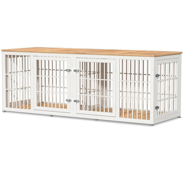 rehomerance 78 Inch Double Dog Crate Furniture, Heavy Duty Extra Large Cage Furniture with Divider for 2 Dogs, Decorative Wooden Kennel Furniture Indoor, Pet House for Large and Medium Dogs, White
