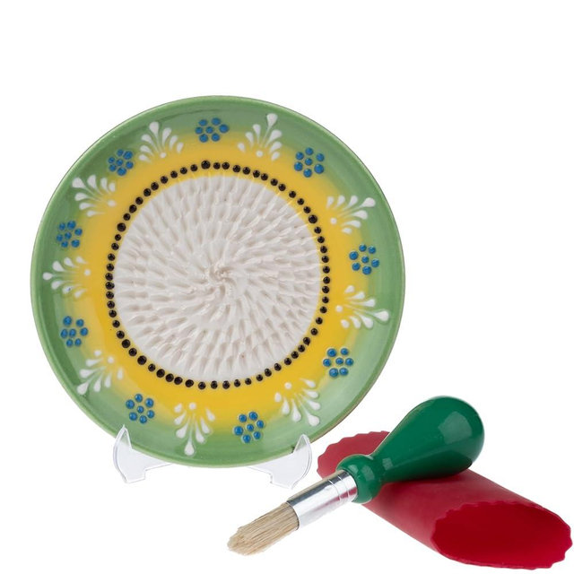 Ceramic Garlic Grater Plate - Handmade 4 Pcs Press - Natural Grinder - Decorative Mincer - Ginger, Cheese Grater - Hand Dish (Green)