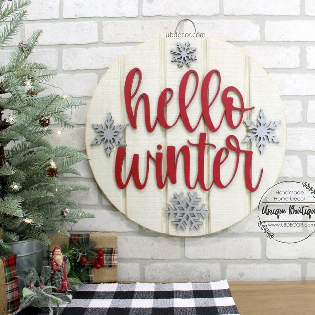 Red Hello Winter Door Sign, Snowflake door hanger, Wood Wreath for front door, Christmas Winter Wreath, 19.5", Farmhouse Front Door Decor