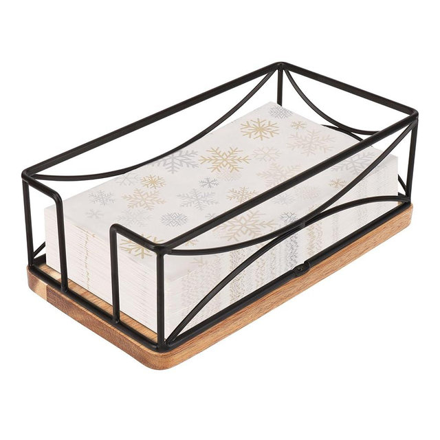 Livabber Guest Napkin Holder, Metal Bathroom Paper Hand Towel Storage Modern Napkin Tray Caddy for Countertop, Table Kitchen, Dinning Room (Black, Wooden Base)