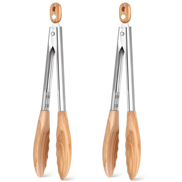 Baderke 2 Pcs Olive Wooden Kitchen Tongs for Cooking Wooden Utensil Set Salad Tongs with Wood Tips for Serving Salad Flipping Burgers Grilling and Much More, Set of 2, 11.4 Inch