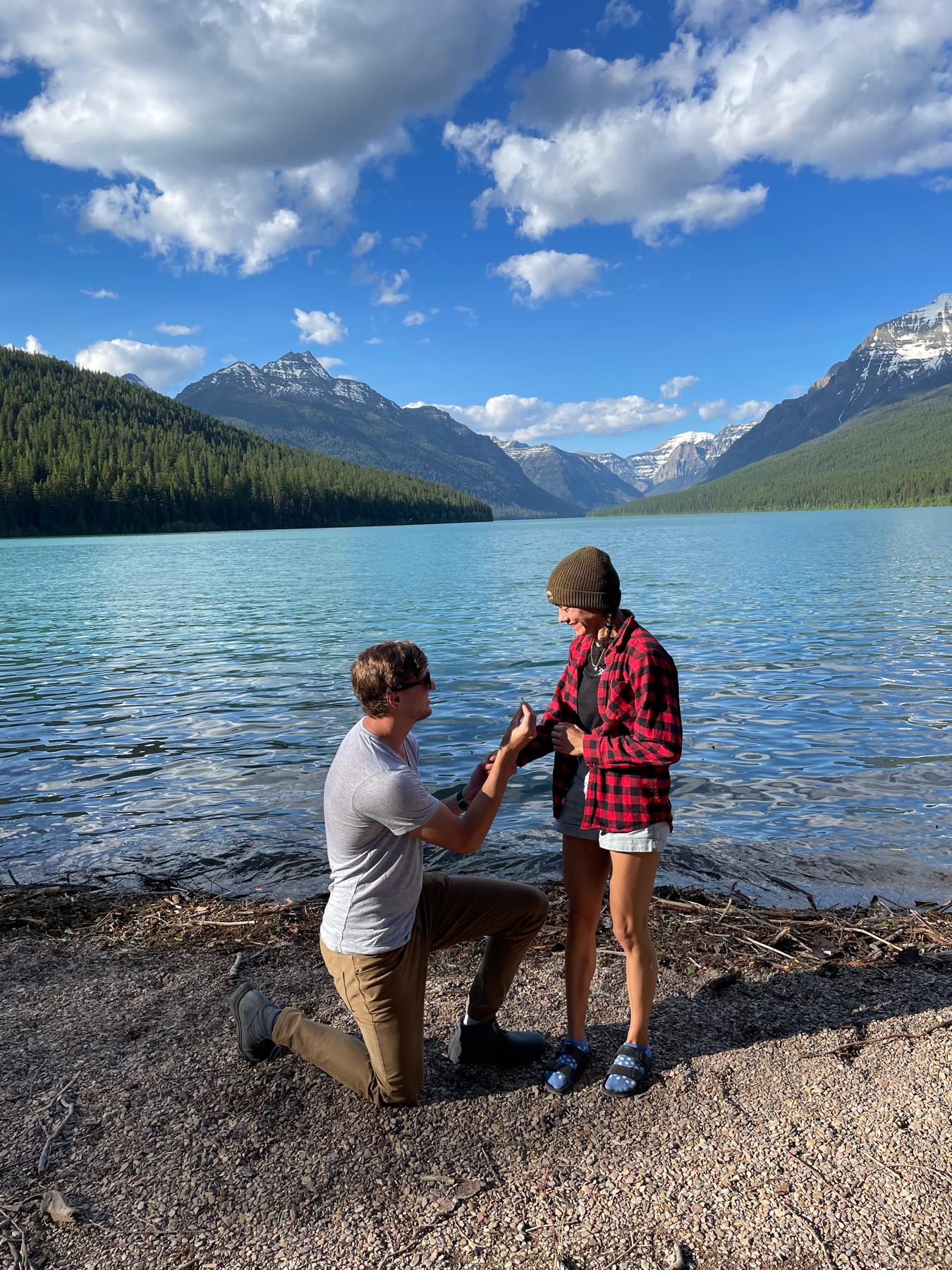 Tyler surprised Kiana by proposing at Glacier National Park on June 25, 2022. Kiana has no regrets about her fashion choices that day!