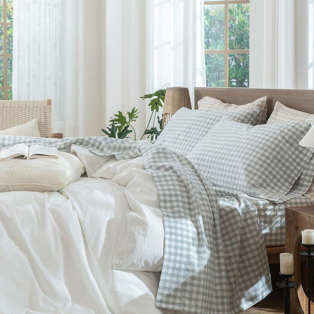 MooMee Gingham Sheet Set 100% Washed Cotton Linen Like Textured Breathable Soft w/Fully Elasticized 16-19" Deep Pocket (Northern Droplet Grey Gingham, Queen)