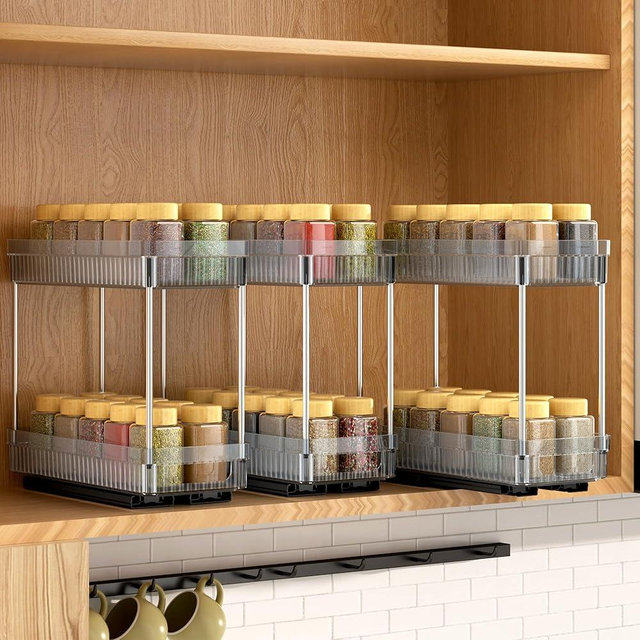 DABIGE 3 Pack Pull Out Spice Rack Organizer for Cabinet, 2 Tier Slide Out Spice Racks Organizer, Spice Cabinet Organizers, Cabinet Size Need:12'' High x 11'' Deep x 5'' Wide, Clear Acrylic