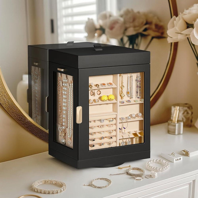 TidyStash Rotating Jewelry Organizers and Storage, Vertical Jewelry Boxes for Women, Large Jewelry Box, Black