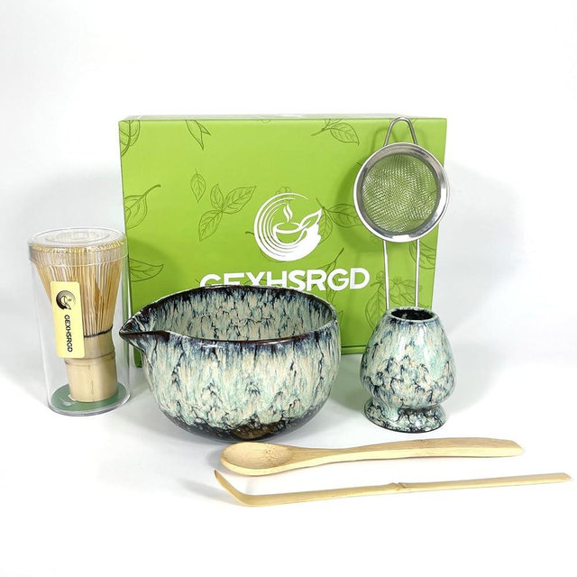 GEXHSRGD Matcha Whisk Set,6Pcs Matcha Kit Includes Matcha Whisk and Holder,Matcha Bowl with Spout,Matcha Sifter and 2Pcs Matcha Spoon,Suitable as a gift for those who like matcha (Quenching Blue)