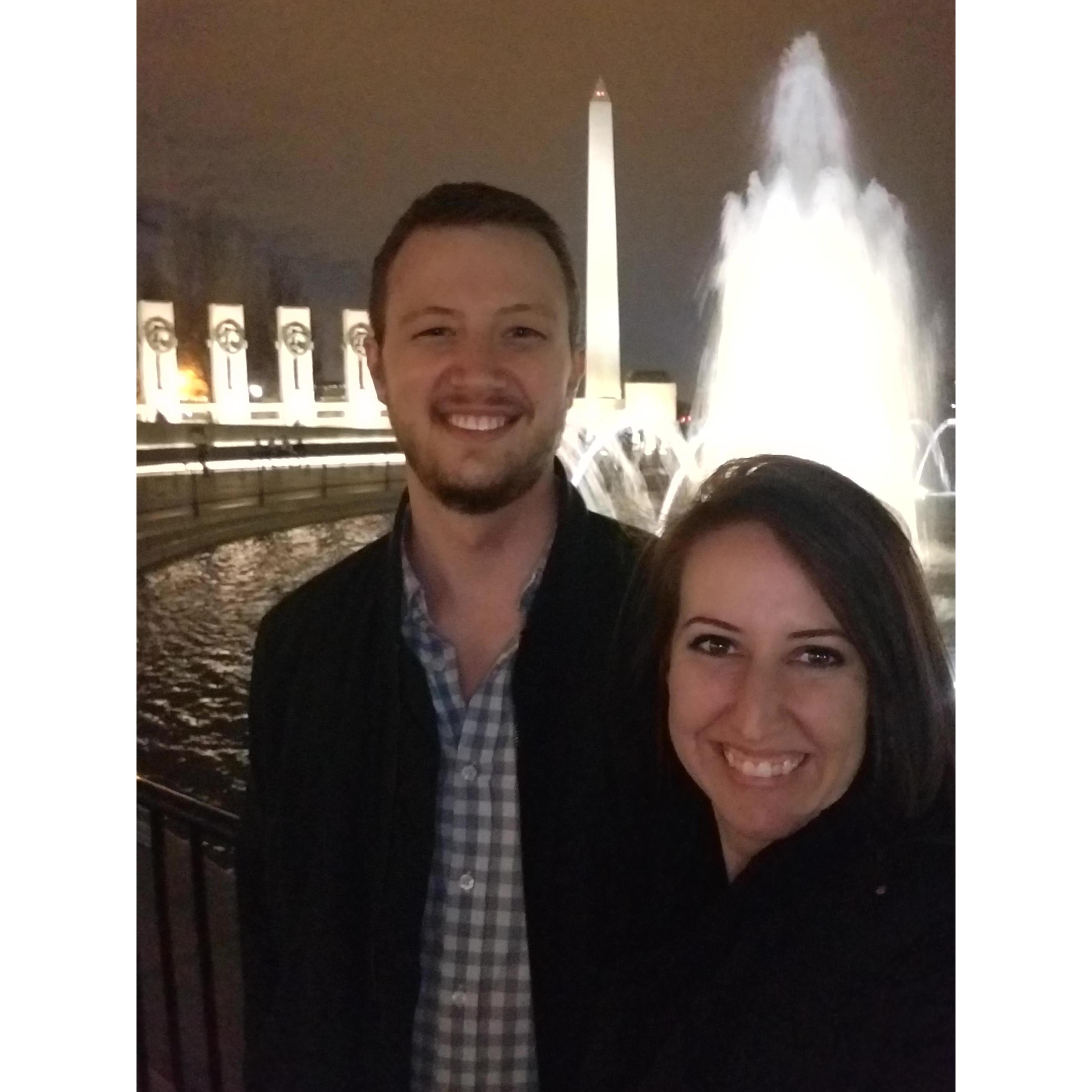 Night bus tour of DC stopped in front of the Washington.