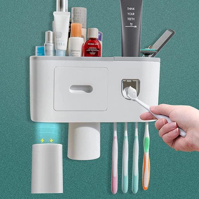 Toothbrush Holder Wall Mounted with Automatic Toothpaste Dispenser 4 Waterproof Toothbrush Slots with Dust-Cover 2 Magnetic Cups and Mini Drawer for Bathroom Shower