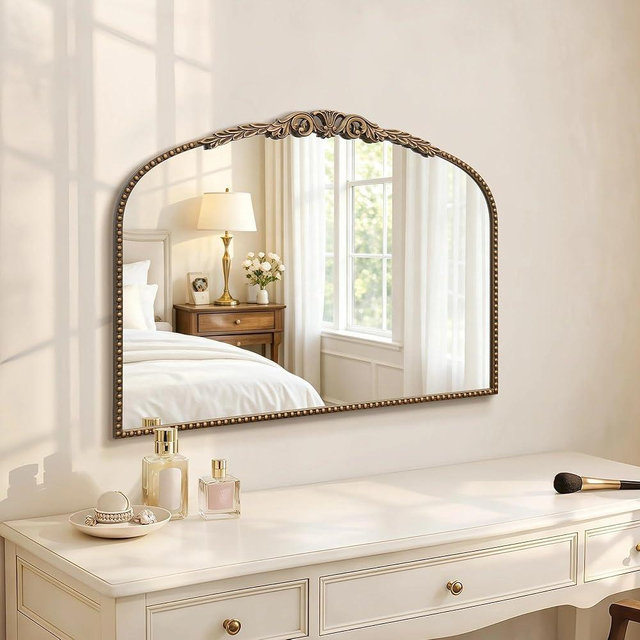 Besdomus Gold Vintage Vanity Mirror: 32"x 24" French Baroque Arched Mirror - Traditional Ornate Antique for Fireplace/Bathroom/Entryway/Dresser - Home Decor for Living Room