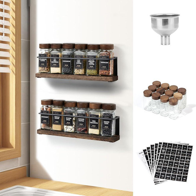 KitHero Wooden Lid Magnetic Spice Rack with 12 Jars, 216 Labels, 1 Steel Funnel for Refrigerator，Microwave Oven - Full Set of Spice Organizer