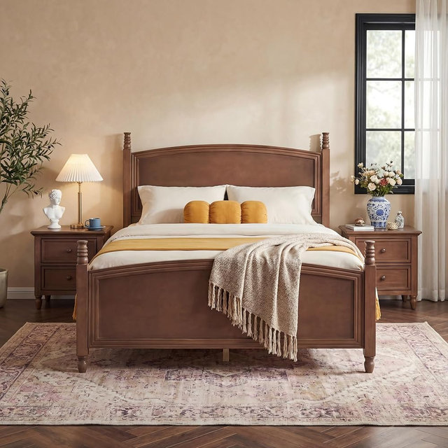 Christopher Knight Home Queen Bed Frame, Solid Wood Platform Bed Frame Queen Size with Curved Headboard & Footboard, Mid Century Modern Wood Bedframe with Slat Support, No Box Spring Needed, Walnut