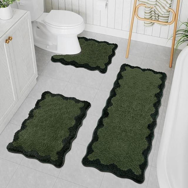 Uphome Scalloped Bathroom Rug Set - 3 Piece Green Non-Slip Cute Absorbent Long Rugs with U-Shaped Contour Toilet Rug, Fun Machine Washable Shaggy Mats for Tub & Shower