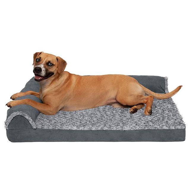 Furhaven Orthopedic, Cooling Gel, and Memory Foam Pet Beds for Small, Medium, and Large Dogs and Cats - Two-Tone Plush and Suede L-Shaped Sofa Dog Bed and More