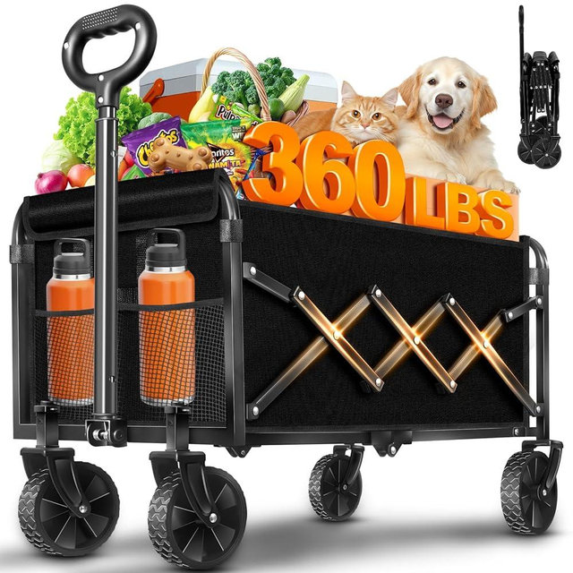 Wagons Carts Foldable, Collapsible Folding Wagon, Portable Folding Wagon Cart with Wheels, Outdoor Utility Carts for Groceries, Camping, Sports, Shopping, Black