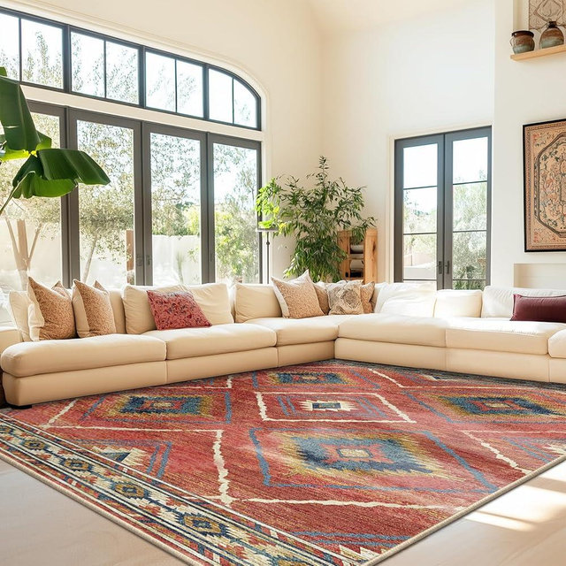 Area Rug 8x10 Rug Machine Washable Non-Slip Low Pile Print Pattern Western Rug for Living Room Bedroom Entryway-Red/Orange