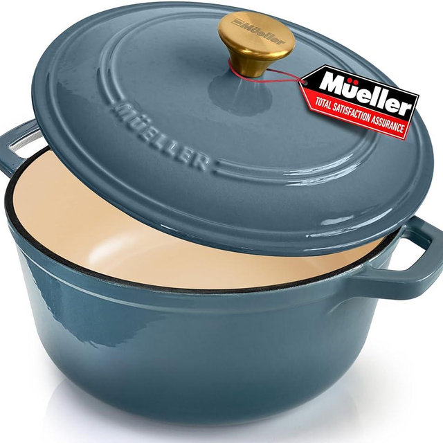 Cast Iron Pot Dutch Oven, Heavy-Duty, Oven-Safe up to 500° F & Across All Cooktops, Bread Pan with Lid & Knob, Cast Iron Cookware, Blue Kitchen Accessories, Mineral Blue