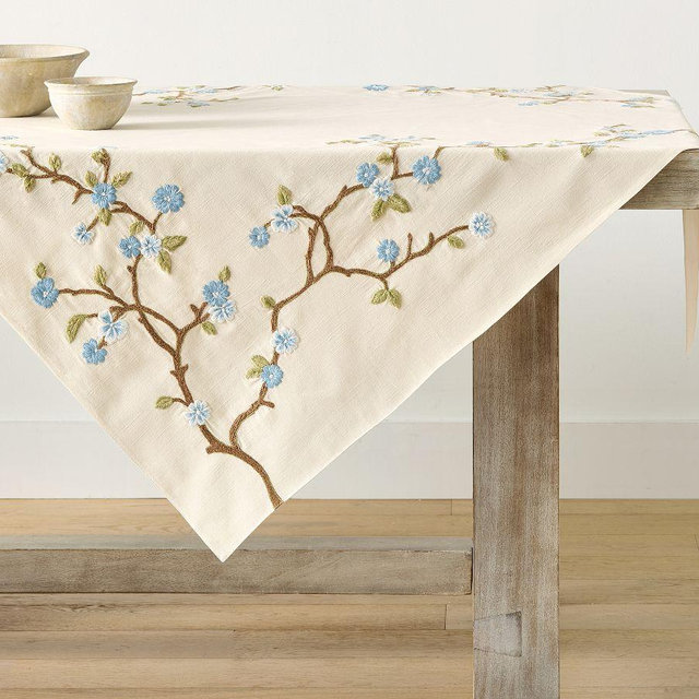 Cherry Blossom Embroidered Cotton Table Throw - Blue
