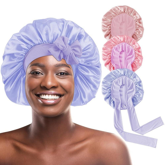 my novel things 3Pcs Satin Bonnet for Sleeping Women Large Adjustable Hair Bonnet with Tie Band Silky Sleep Cap with Ribbon for Women Natural & Curly Long Hair Anti Frizz, Soft Breathable(Pink/Purple)