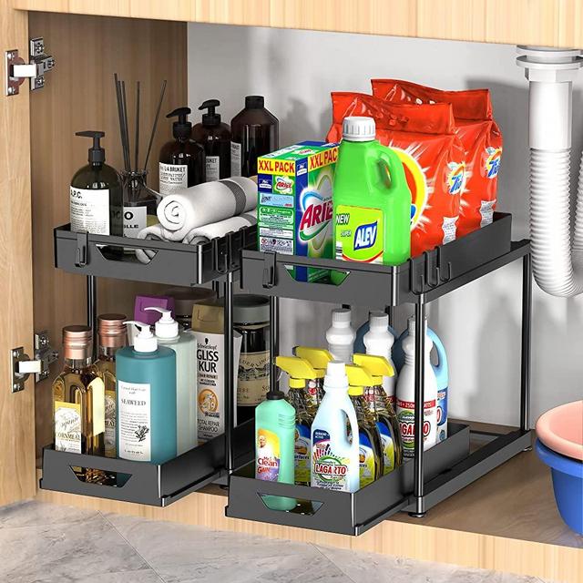 JWQ Under Sink Organizers and Storage 2 Pack, Pull-out Large Capacity Under Bathroom and Kitchen Cabinet Storage Drawer Organizer with Hooks, Multi-purpose Under Sink Shelf Organizer, Black