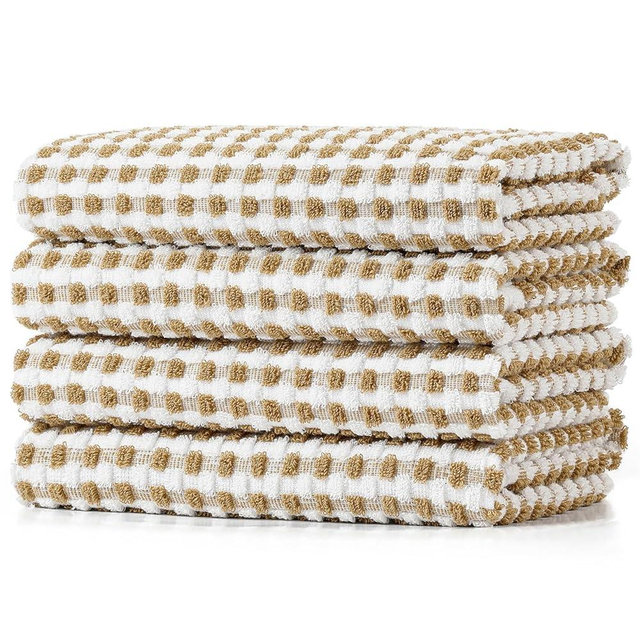SALAS Cotton Dish Towels Cloths for Kitchen Drying Dishes, Lattice Terry Towels, Highly Absorbent Kitchen Cloths with Hanging Loop, 16‘’ x 26‘’,4 Packs, Beige