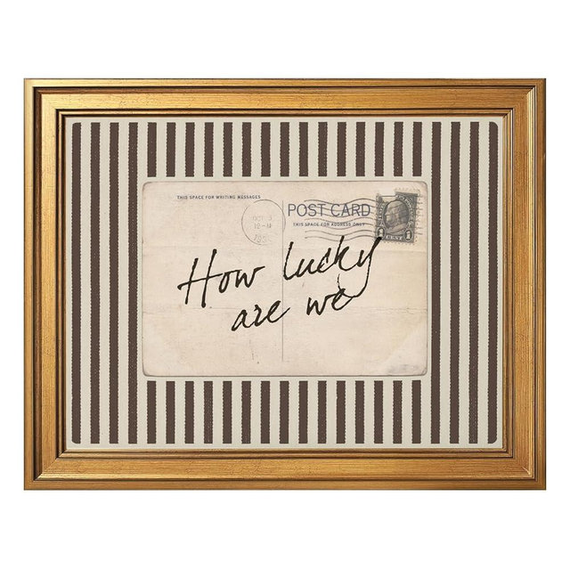 Gold Framed How Lucky Are We Canvas Wall Art Vintage Postcard Quote Painting Poster Print Retro Striped Typography Artwork Old Money Sentimental Rustic Wall Decor for Bedroom Dorm Office 8x10inch