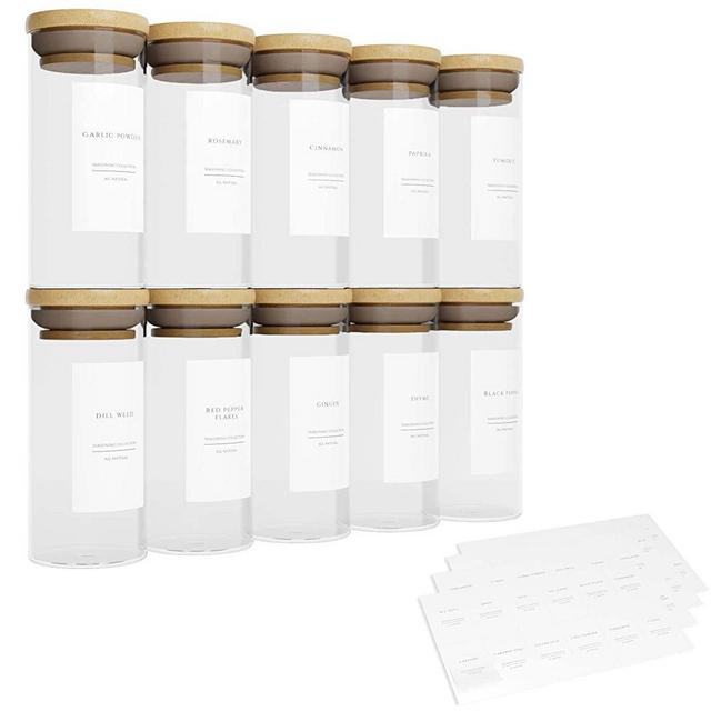 Decorium Interiors Bamboo Spice Jars (10 Pack, 6oz) – Glass Jars with Bamboo Lids - Spice Containers with Bamboo Lids w/ 48 Pre-Printed Labels – Lead-Free Bamboo Jars for Storing Spices & More