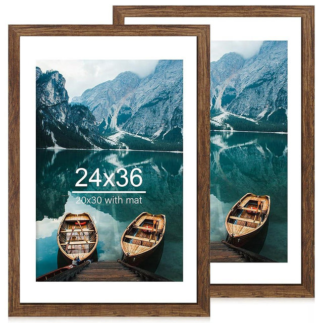 Hongkee 24x36 Poster Frame Set of 2, Rustic Brown Wood Style - Display 20x30 Picture with Mat or 24 x 36 Poster without Mat, Wall Mounting Horizontal and Vertical