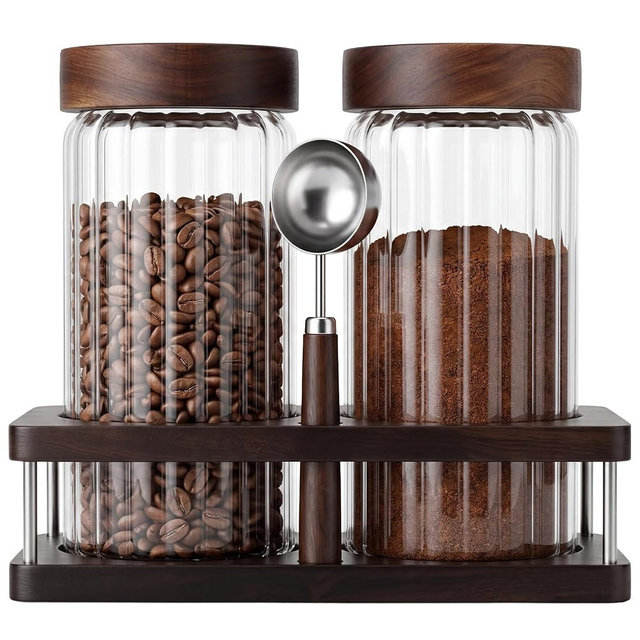 Suclain Glass Coffee Grounds Container with Shelf 2 x 44 oz Glass Coffee Bean Storage Canisters with Airtight Thread Lid and Measuring Spoon for Kitchen Sugar(Striped Style, Wood)