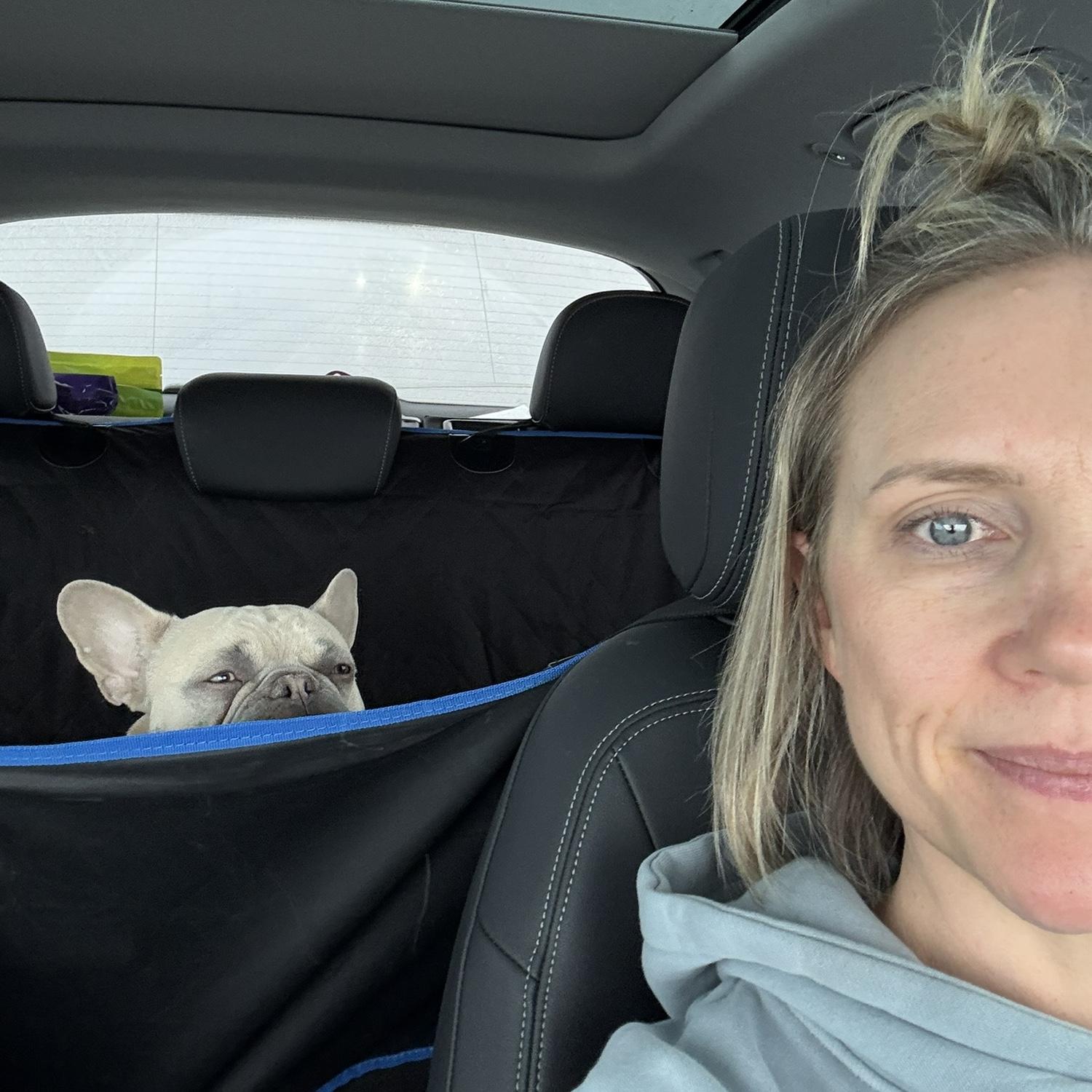 Lisha & Bernie (dog) during one of our many Boise/Moscow road trips.
