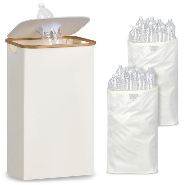 iEGrow 29 Gallon Recycling Bin for Kitchen, Indoor Home Recycle Bins with Lid, 110L Large Recycling bin with 2 Removeable Reusable Inner Bags, for Bottles Cans Glass Plastice Cartons(Beige)