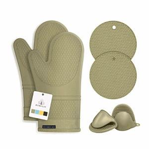 Silicone Oven Mitt and Pot Holder Sets: Heat Resistant Silicone Gloves with Mini Oven Mitts, Pot Holders for Kitchen, Baking, Cooking, Quilted Lining, Martini Olive