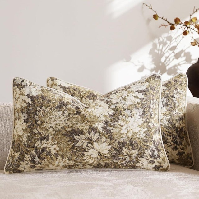 DEZENE Pack of 2 Vintage Floral Pillow Covers 12x20 Boho Farmhouse Accents Chenille Rectangular Lumbar Decorative Throw Pillow Cases for Living Room Couch Bed Home Decor, Beige