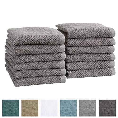 12-Pack 100% Cotton, Quick-Dry Textured Washcloths. Ultra-Absorbant, Popcorn Weave. Acacia Collection. (Wash 12pk, Dark Grey)