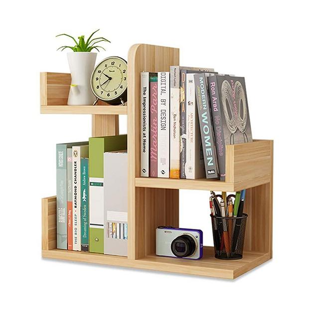 Wood Desktop Shelf Small Bookshelf Assembled Countertop Bookcase Literature Holder Accessories Display Rack Office Supplies Desk Organizer (Walnut Color)