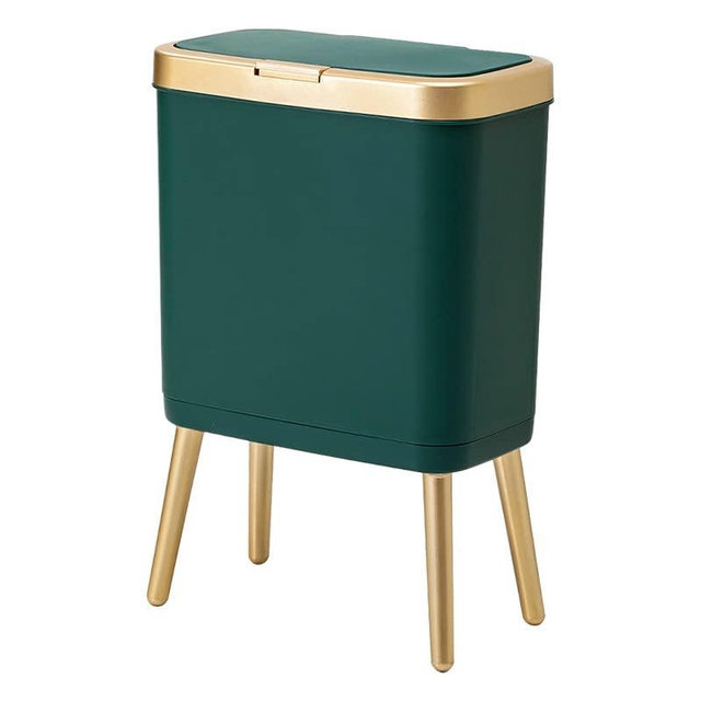Kitchen Trash Can with Lid,Small Bathroom Garbage Can with Lid, Dog Proof Trash Can with Push Button,Narrow Garbage Bin Waste Basket for Bedroom,Living Room, Toilet,Office, 4 Gal-Gold Edge
