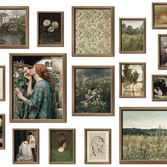 ANERZA 16 PCS Framed Vintage Wall Art Decor, French Country Wall Prints for Bedroom, Gallery Wall Frame Set, Farmhouse Posters for Living Room Aesthetic, Rustic Collage Kit Pictures, Dorm Home Decor