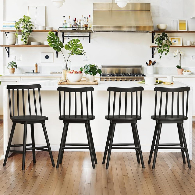 LUE BONA 360° Swivel Bar Stools Set of 4, Black Windsor Barstools, Counter Height Barstool with Spindle Back, 24 inch Farmhouse Wooden Counter Stools for Kitchen Island, Pub, Bistro, Cafe, Dining Room