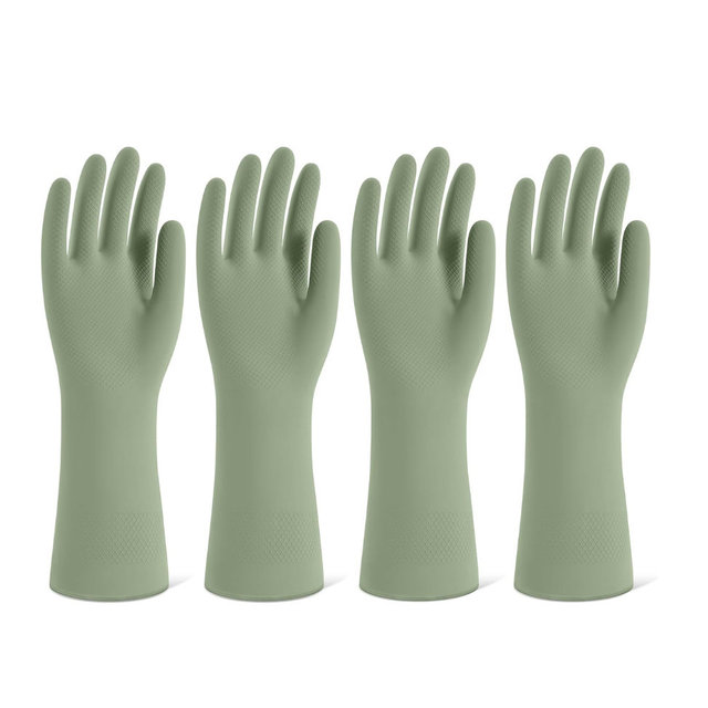 Rubber Cleaning Gloves for Dishwashing, 4 Pairs Reusable Kitchen Gloves for Washing Dishes and Household Cleaning, Green Dish Gloves with Flocked Lining and Non-Slip Grip, Pefect for Woman Men - S