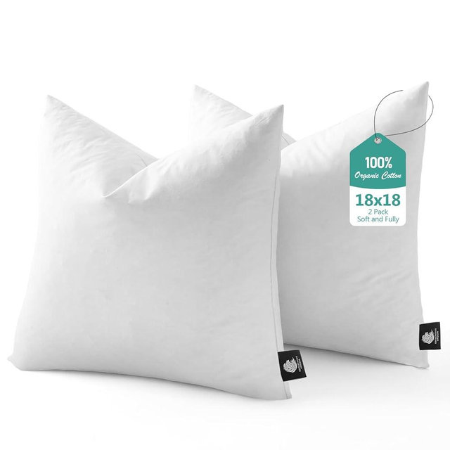 BPC Luxury Feather Down 18x18 Pillow Inserts Set of 2, Soft Fluffy Throw Pillow Inserts, 100% Organic Cotton Cover, Square Pillows for Couch, Living Room, Bed, Sofa